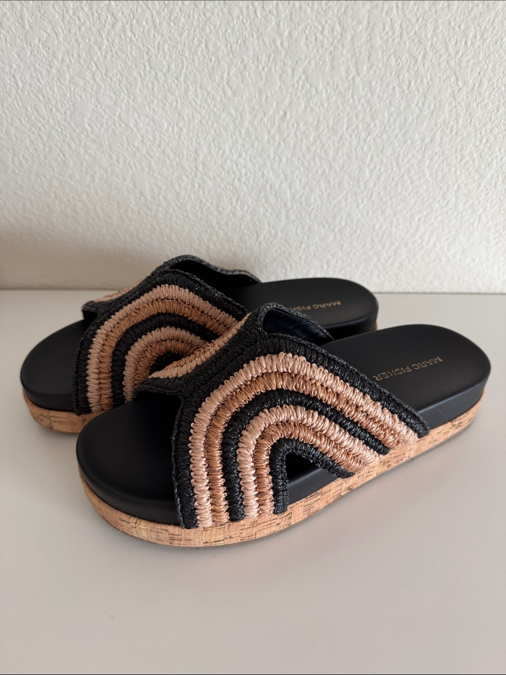 Marc Fisher Black and Tan Woven Cork Platform Slide Mules